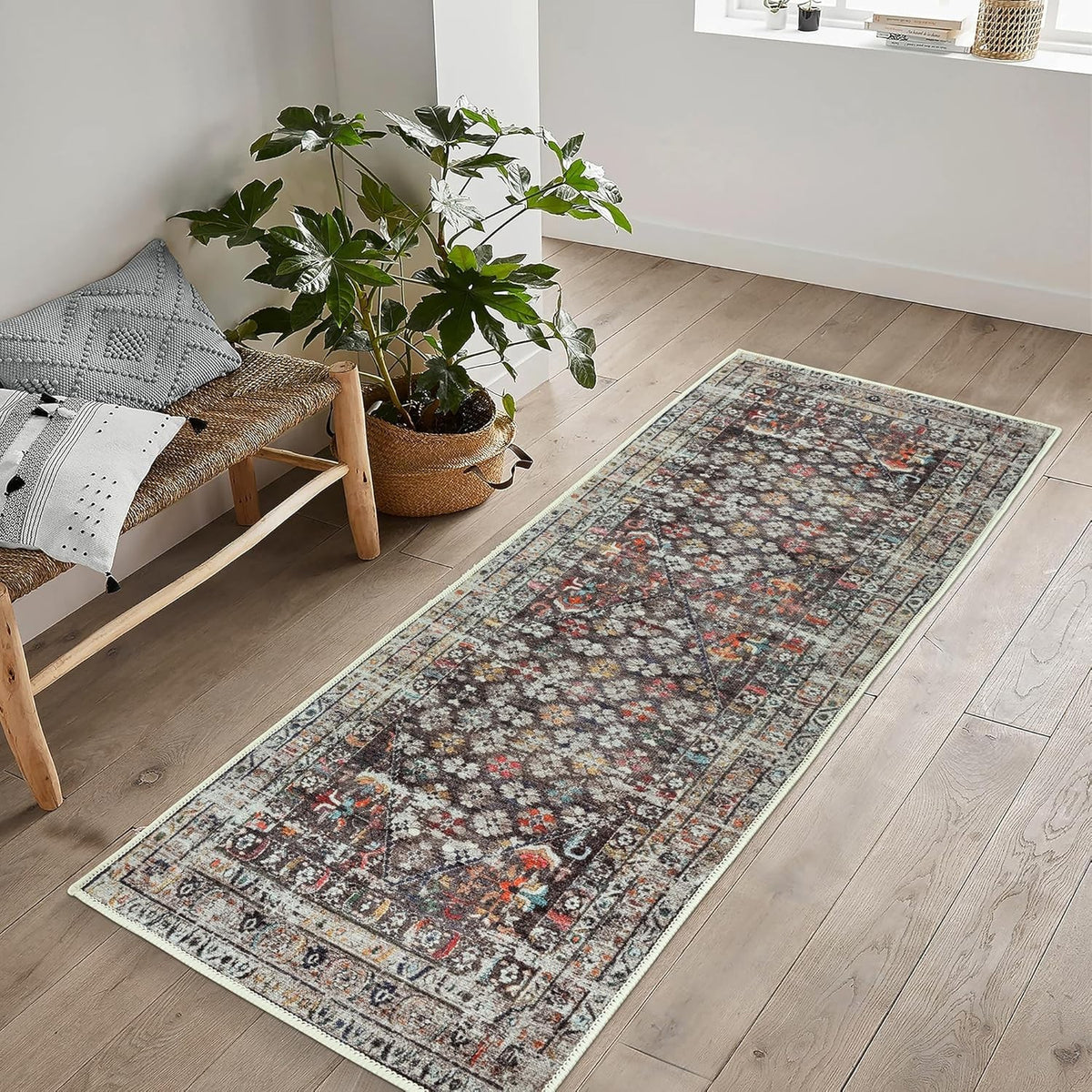 Washable Runner Rug 60x180cm Non-Slip Short Pile Opal Charcoal Vintage Hallway