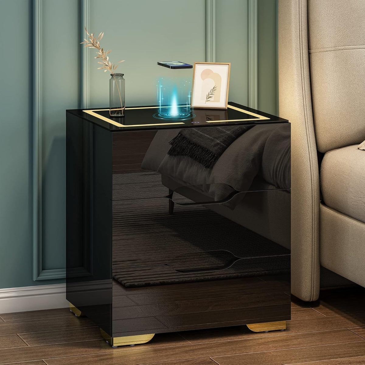 Black High Gloss Bedside Table with Wireless & USB Charging, LED Light, 3 Drawer