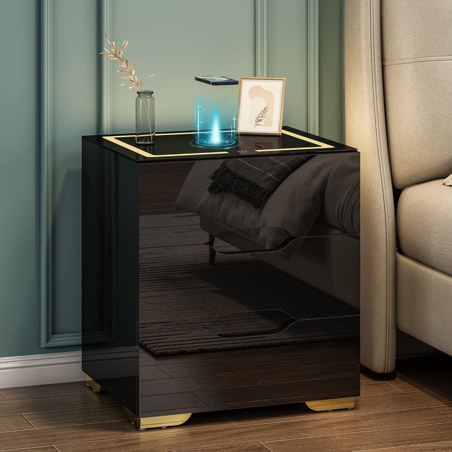Black High Gloss Bedside Table with Wireless & USB Charging, LED Light, 3 Drawer