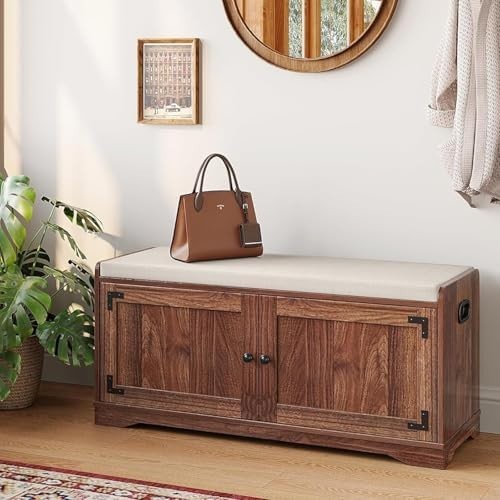 Rustic Brown Shoe Storage Bench, Cushion Seat 2-Door Cabinet & Adjustable Shelve