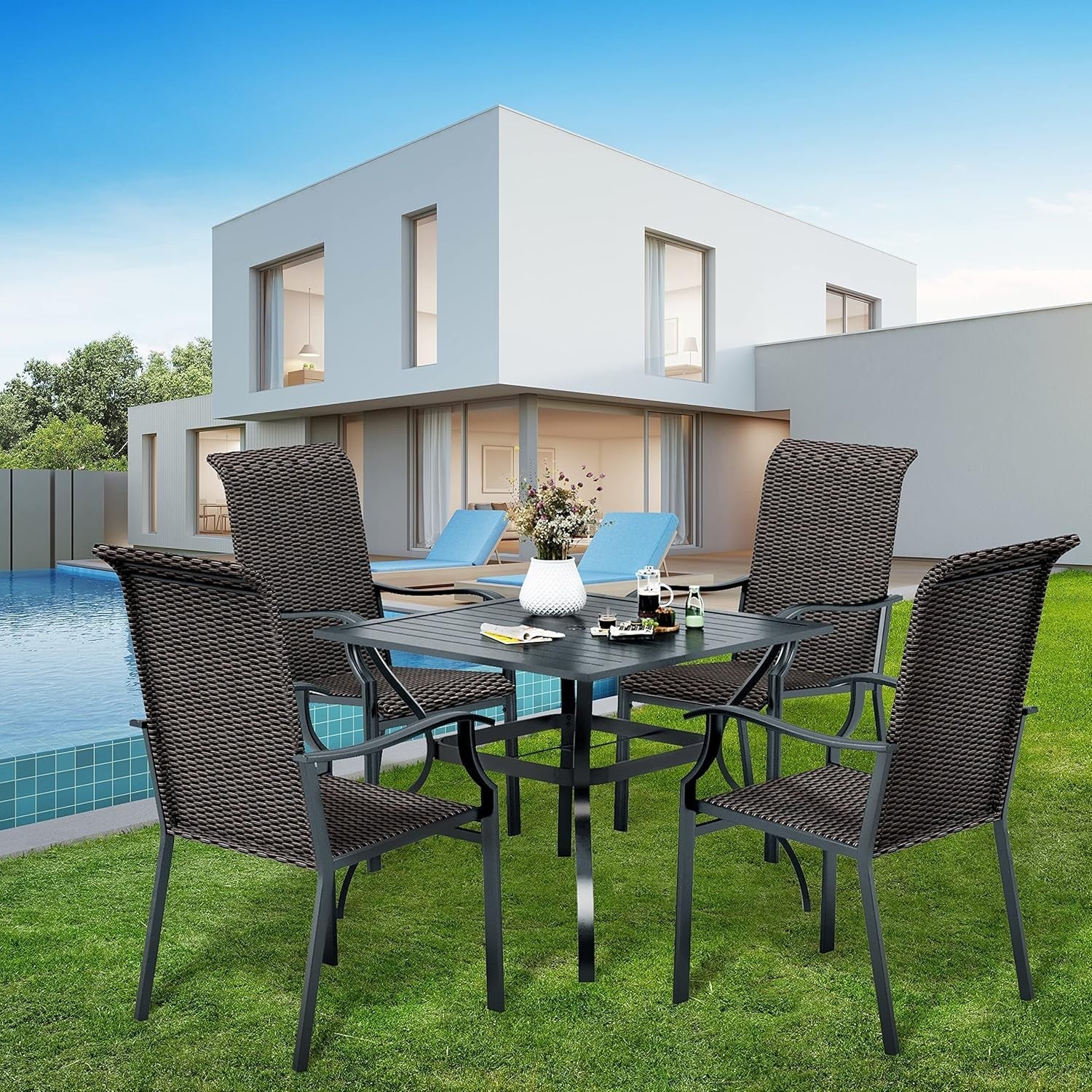 Outdoor 5-Piece Patio Dining Set with Metal Table & Rattan Chairs + Umbrella