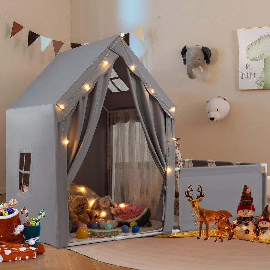 Large Kids Play Tent Grey Castle with Lights Mat Indoor Toddler Playhouse