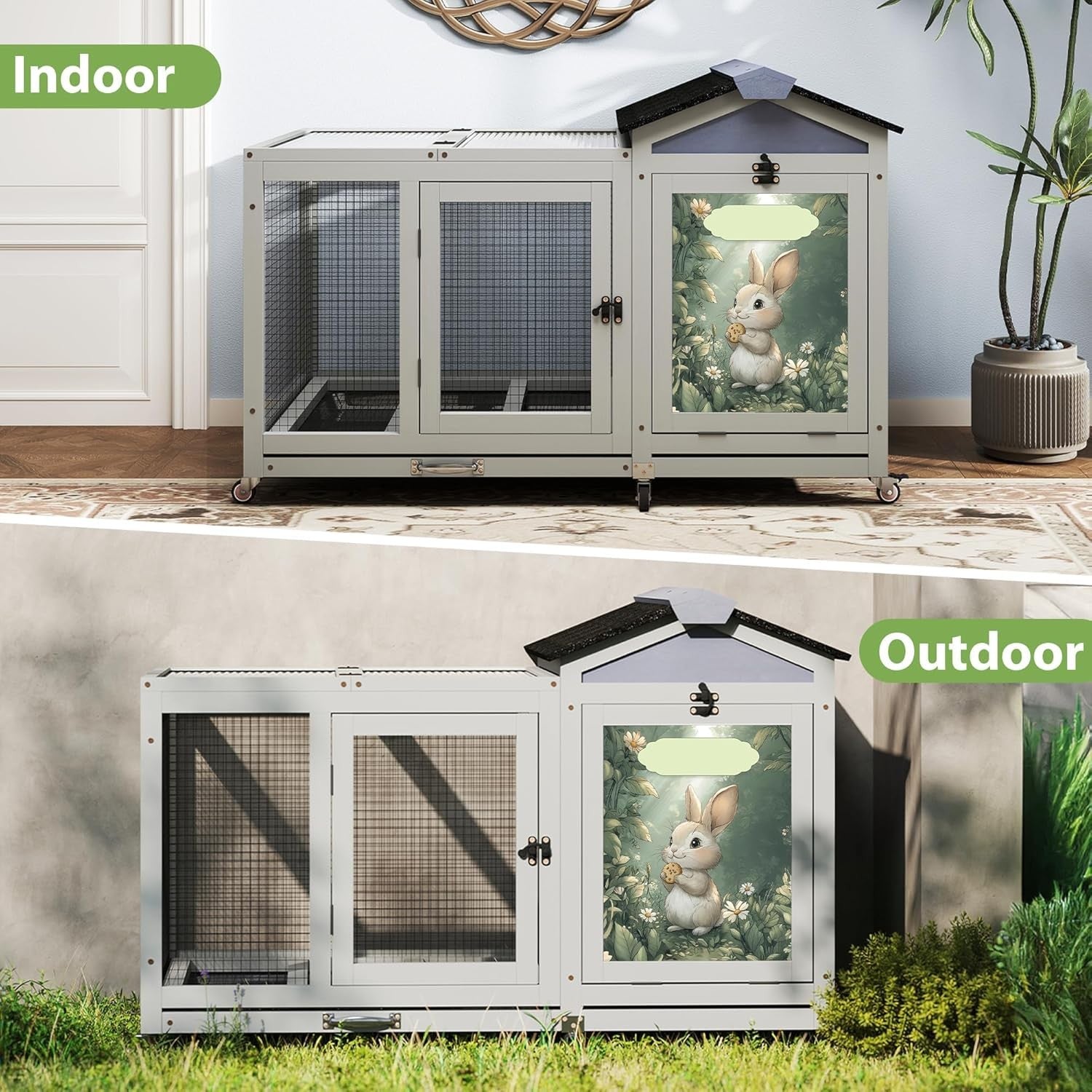 Large Wooden Rabbit Hutch Indoor Outdoor with Tray Lock Waterproof Roof