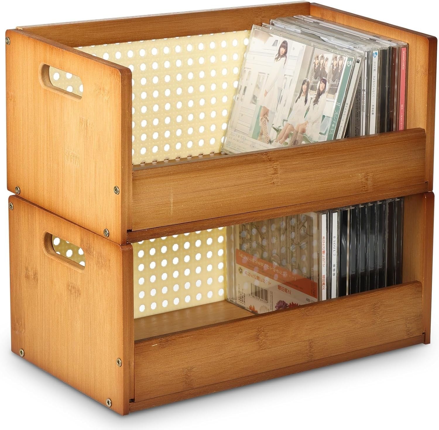 2 Pack Bamboo CD Storage Box Stackable DVD Media Organizer Rack Brown