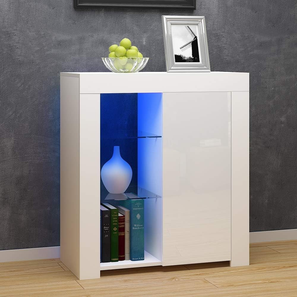 White LED Sideboard Cabinet with Glass Shelf & Storage 75x35x83cm Modern