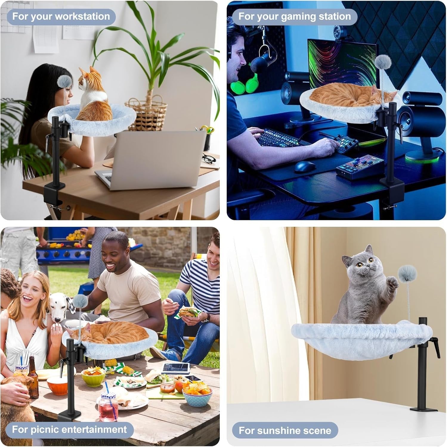 360 Rotating Desk Cat Bed Adjustable Cat Hammock with Washable Mats