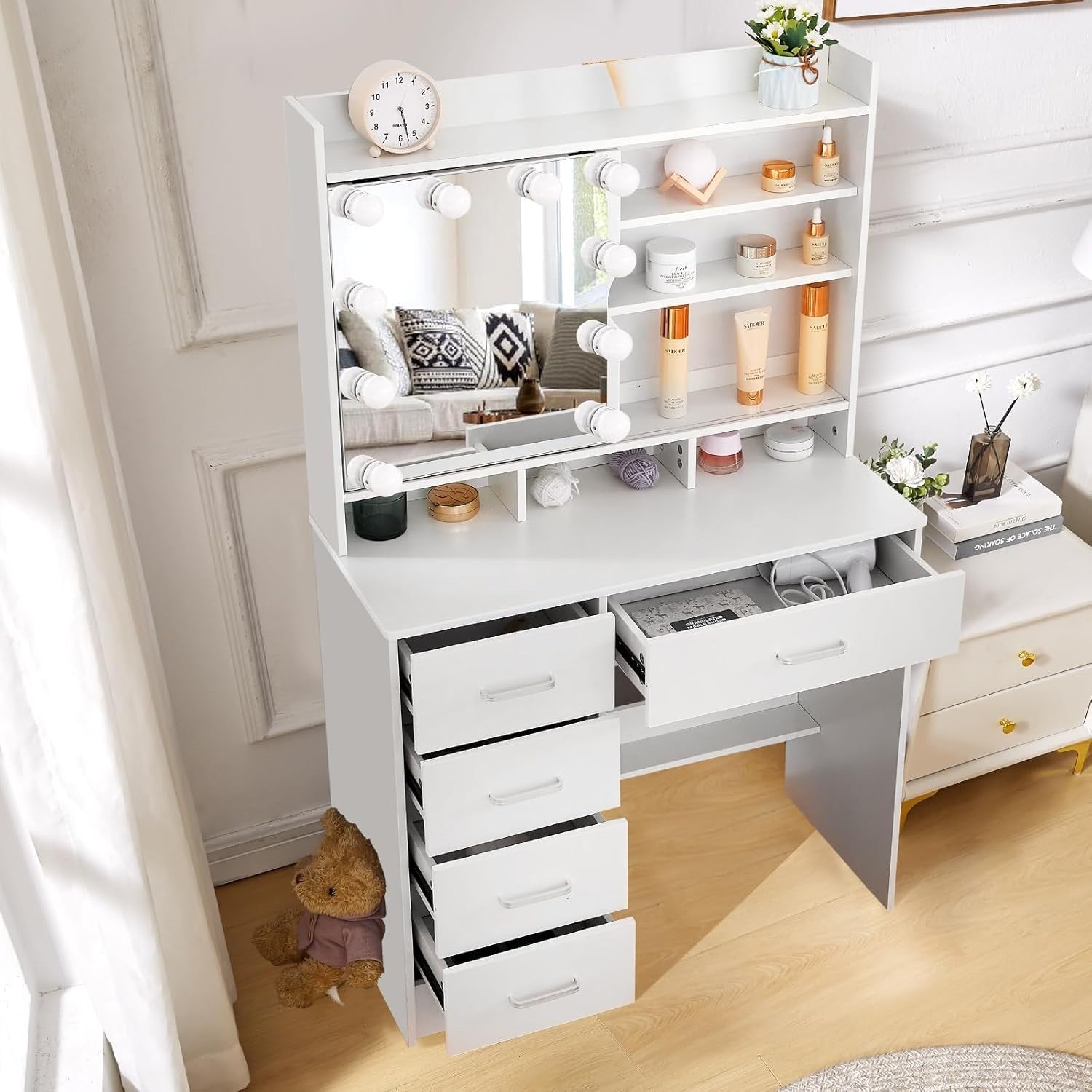 Makeup Vanity Desk w/ LED Mirror & Stool Modern Large Storage White Dresser