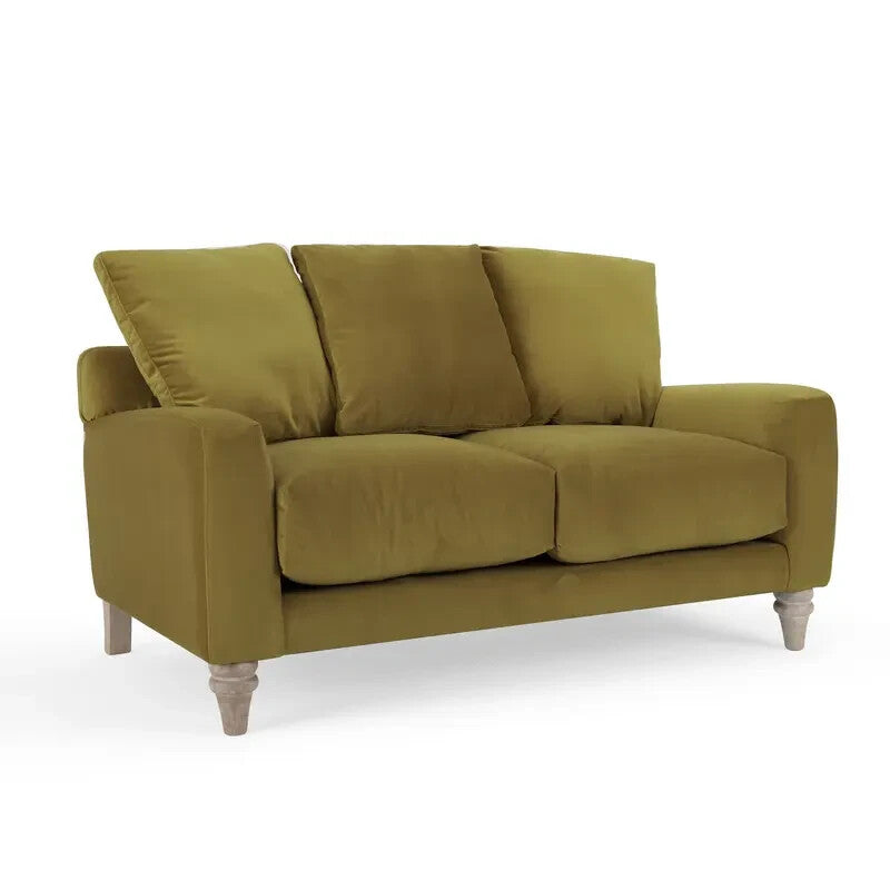 Olive Green Velvet 2 Seater Sofa Deep Scatter Cushions Feather-Filled Seat