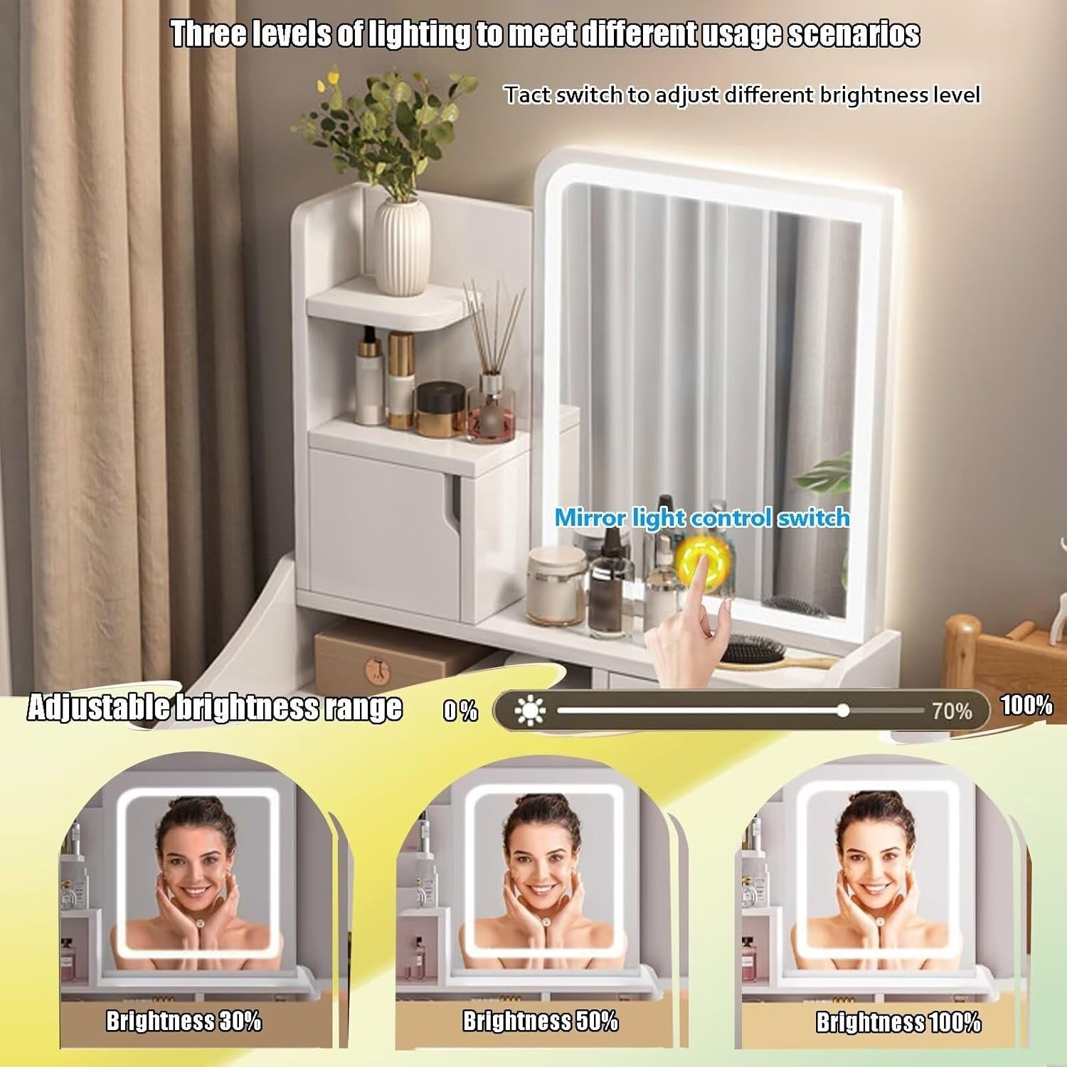 Grey Vanity Table 3-Color LED Mirror, Storage Drawers, Modern Makeup Dressing De