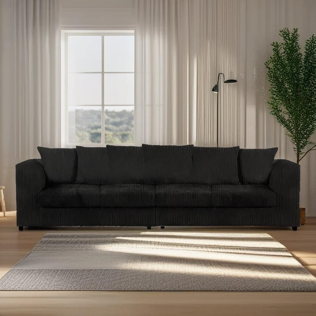 Modern Jumbo Cord 4-Seater Sofa Black Modular Sectional Couch with Cushions