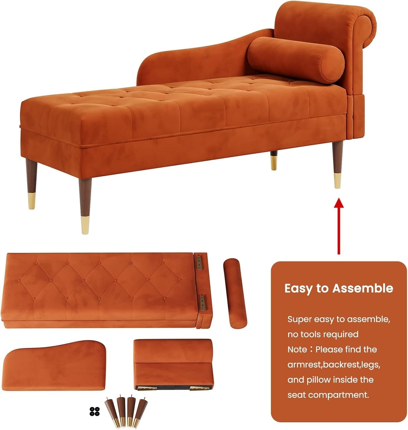 Right Armrest Velvet Chaise Lounge Orange with Lumbar Pillow & Tool-Free