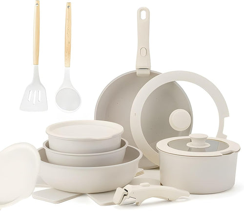 17Pcs Non Stick Cookware Set Detachable Handle Pans Stackable Induction Safe