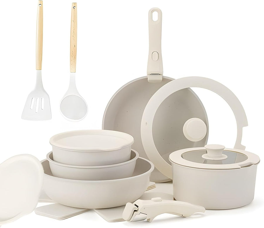 17Pcs Non Stick Cookware Set Detachable Handle Pans Stackable Induction Safe