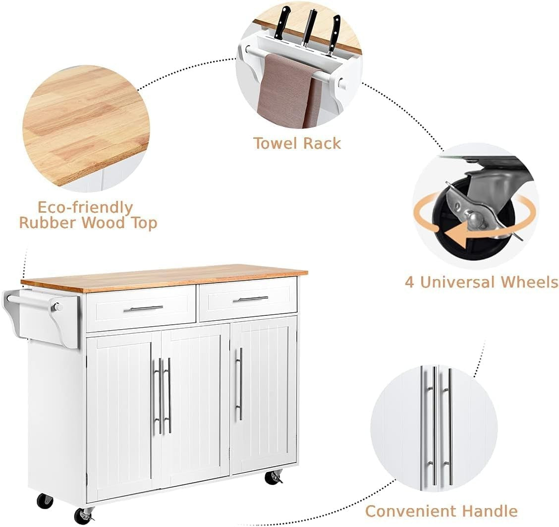 Kitchen Island Trolley on Wheels Storage Cabinet Drawers Knife Rack White