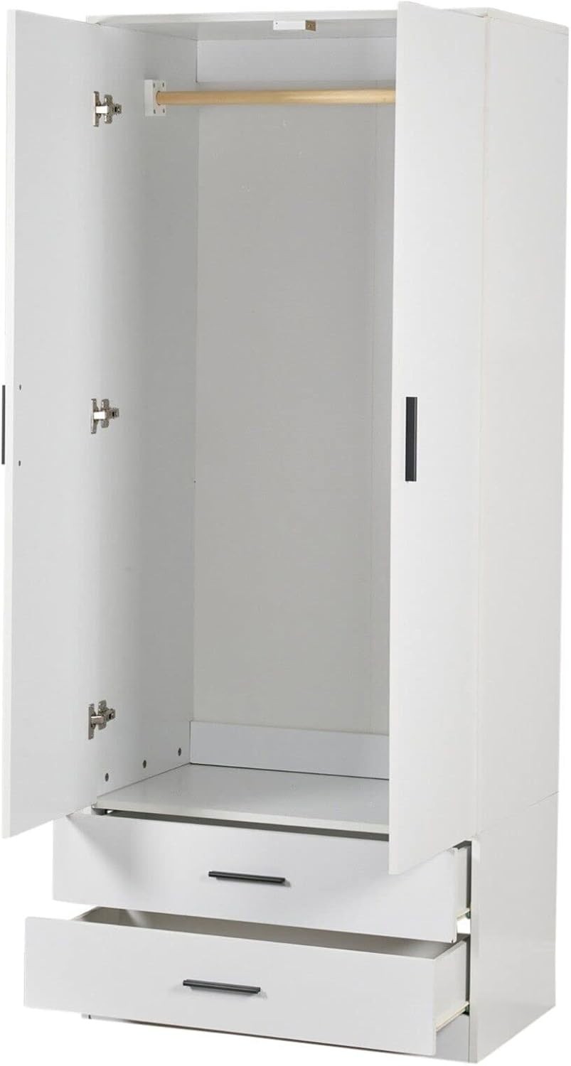 White 2 Door Wardrobe with Drawers Modern Bedroom Storage Cabinet