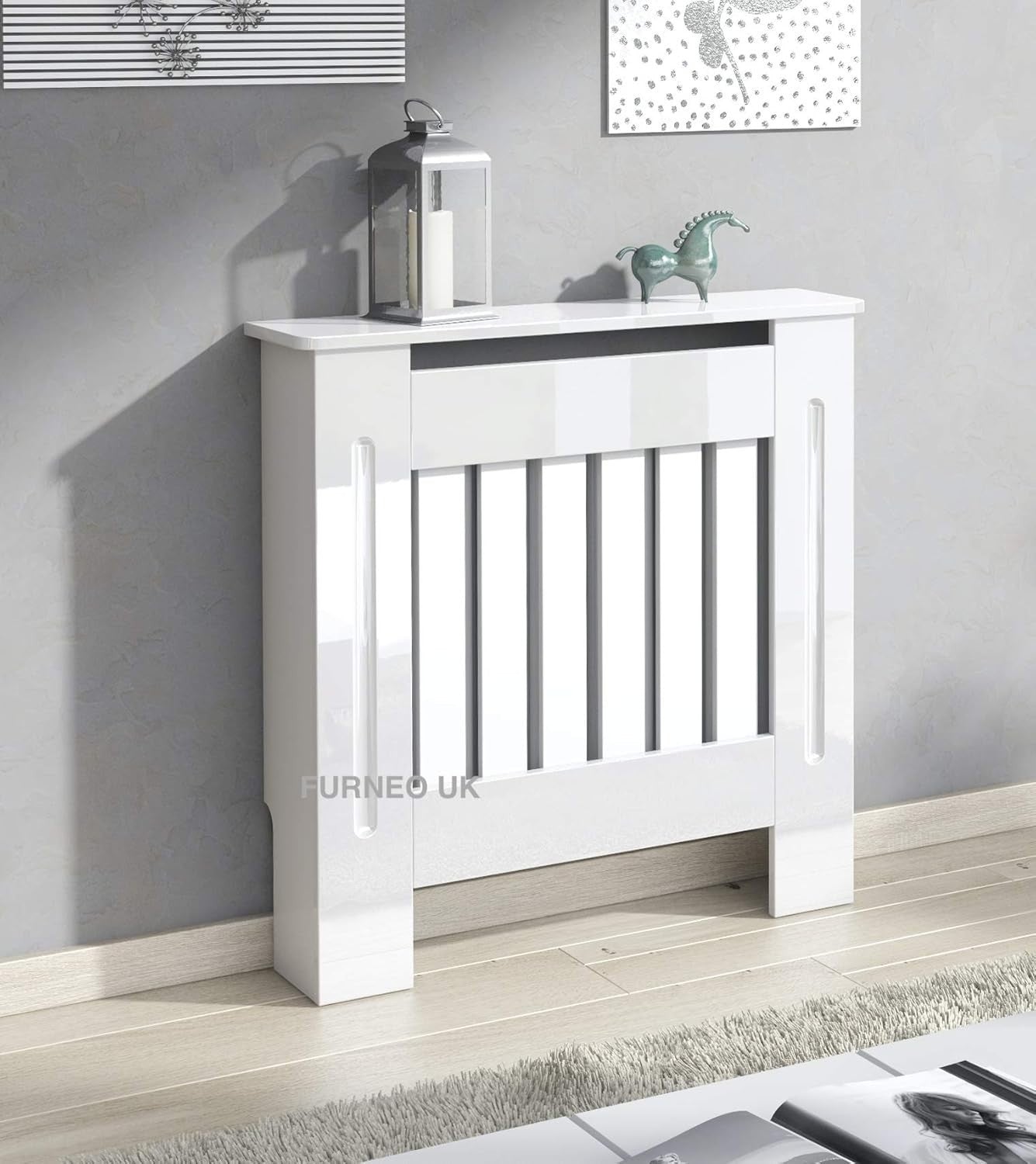 Small High Gloss Radiator Cover White Modern MDF Heater Cabinet with Shelf