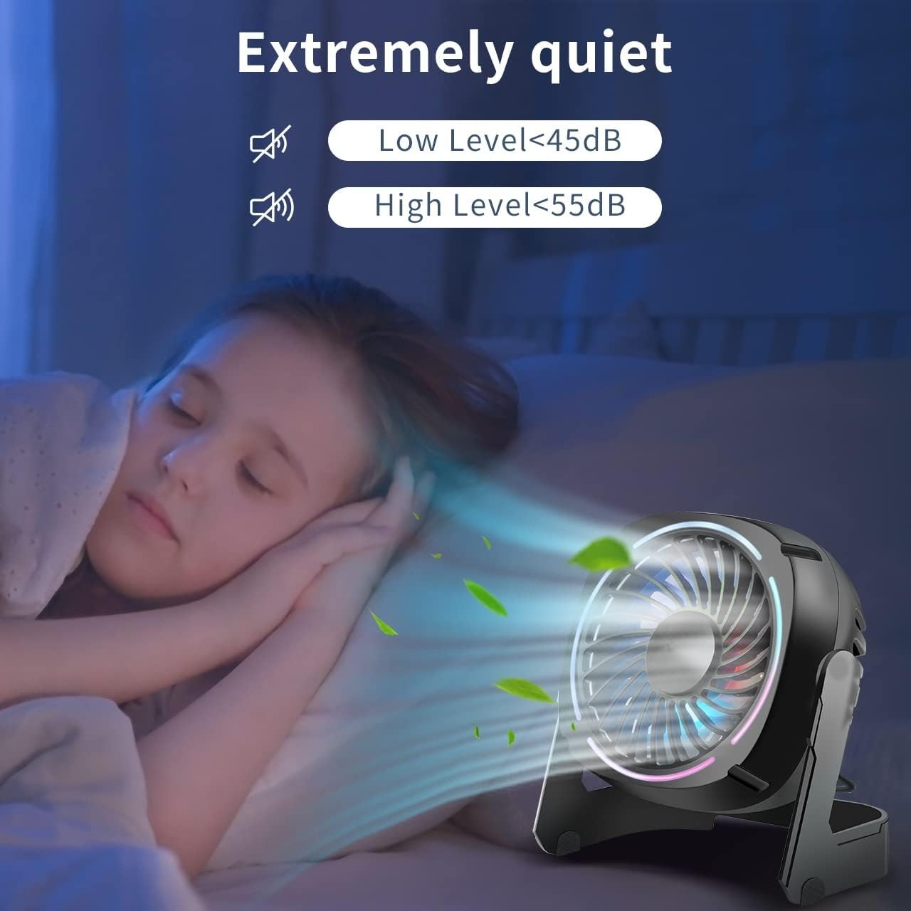 Black USB Desk Fan – 5.3" Portable 3-Speed Fan w/ 8-Color LED & 360° Rotation