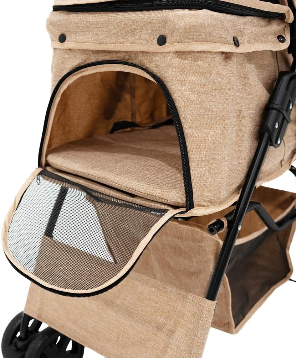 Beige Pet Stroller Pushchair with Navy Caddy Bag Foldable 15kg Travel