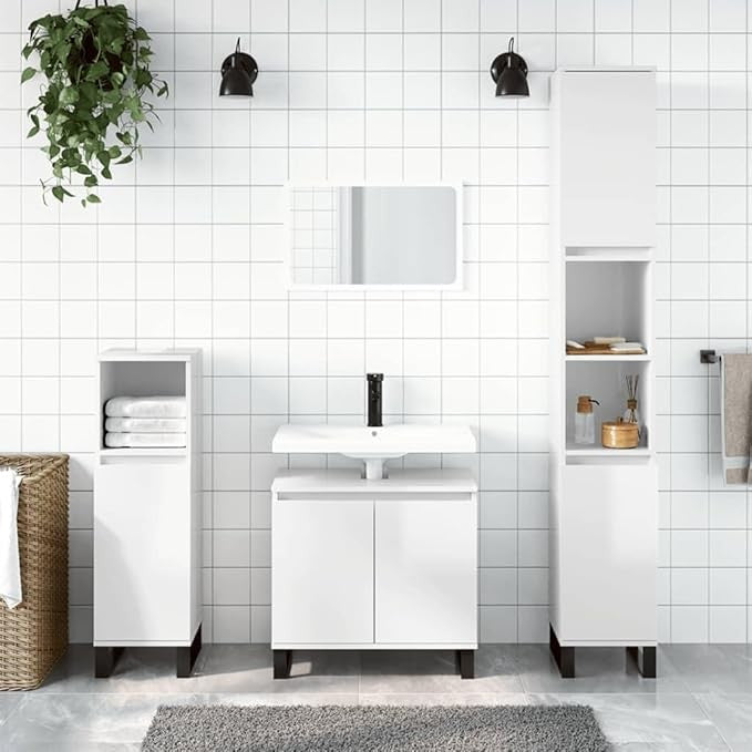 White High Gloss Under Sink Bathroom Cabinet 58cm Modern Vanity Unit w/ Metal
