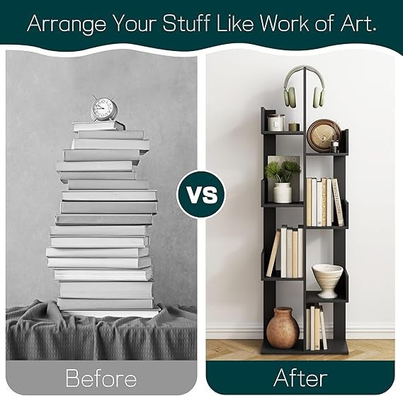 8-Tier Modern Tall Bookcase – Slim S-Shaped Display Shelf for Bedroom Living