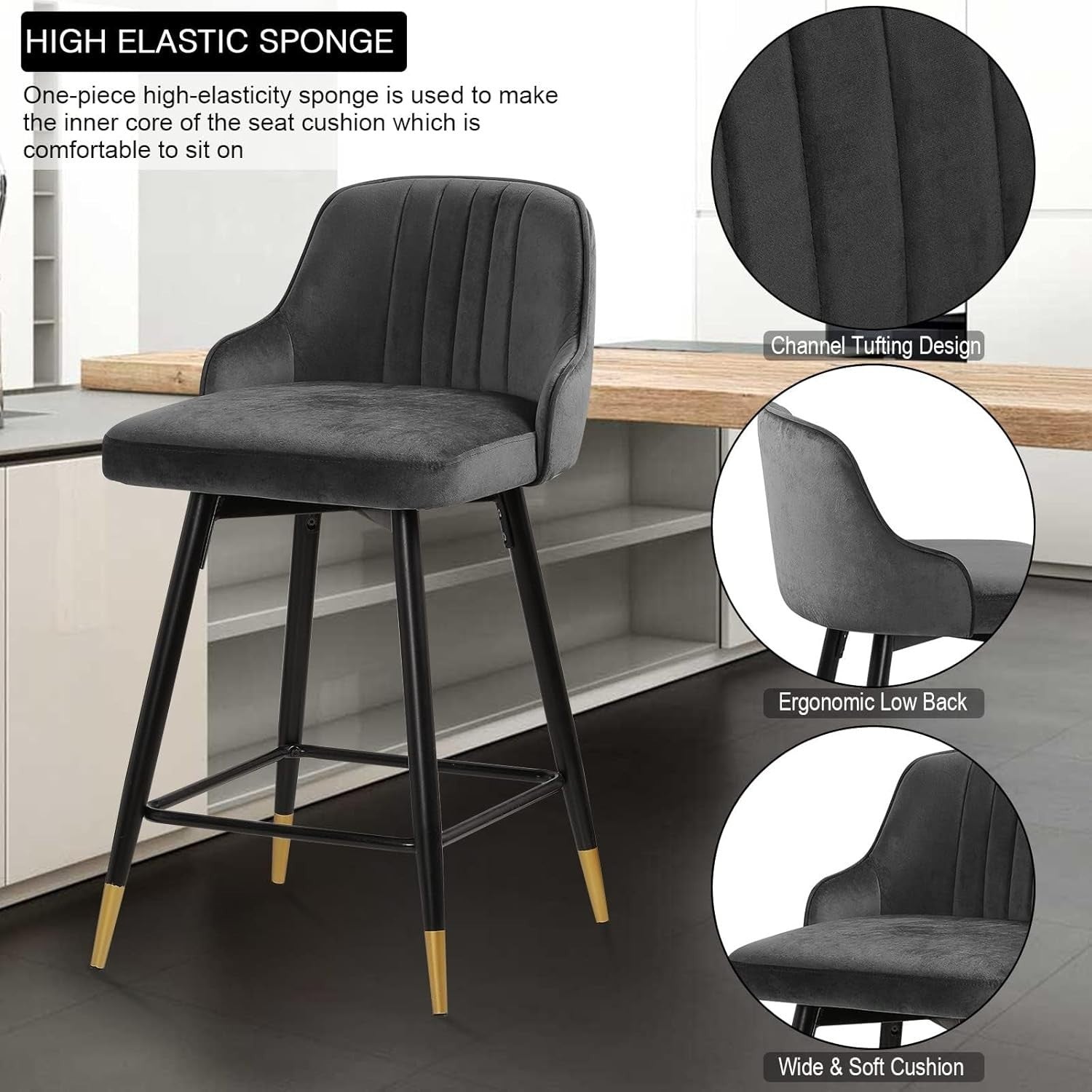 Grey Velvet Swivel Bar Stools Set of 2 65cm – Modern Kitchen Counter Chairs