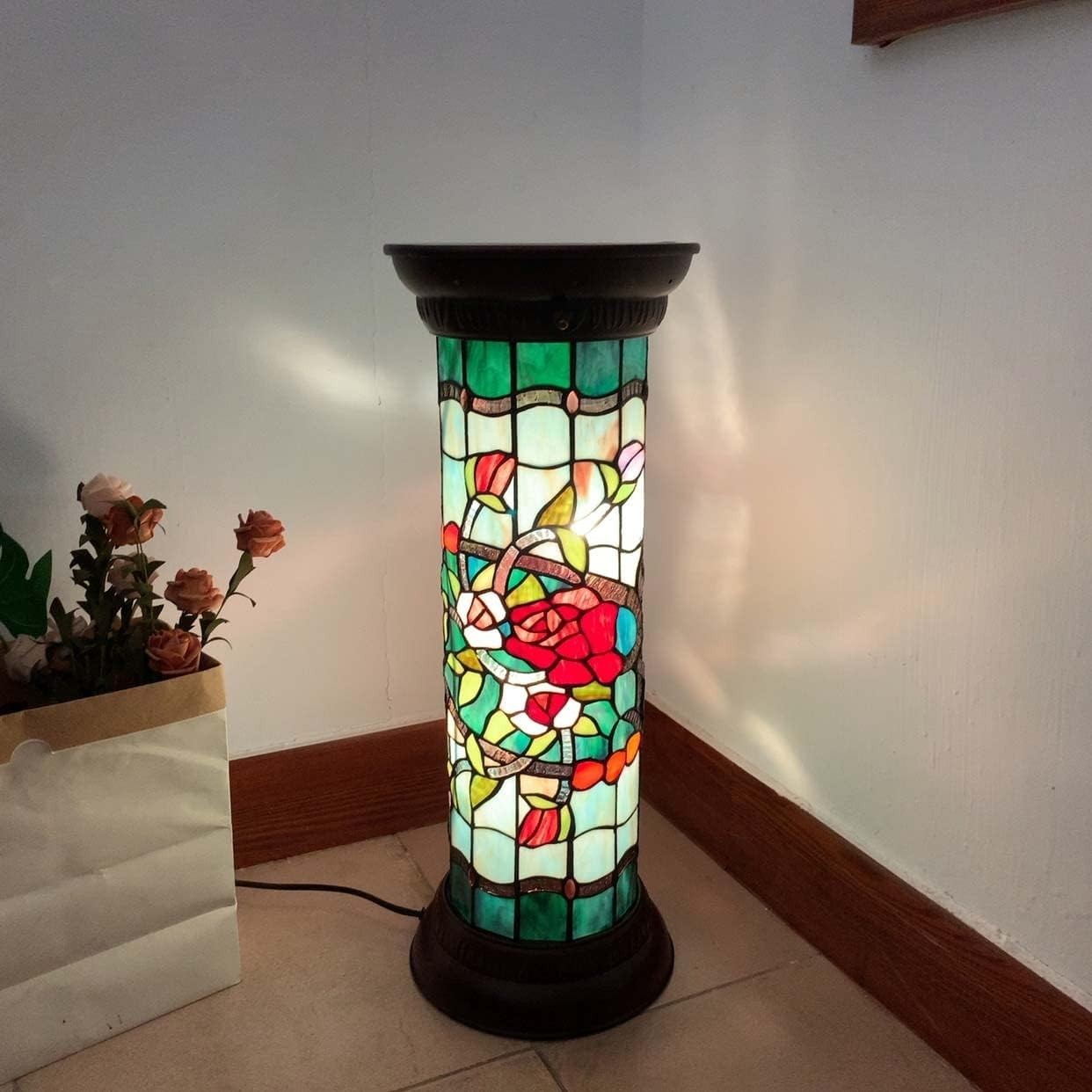 Rose Stained Glass Floor Lamp, 28" Antique Tiffany Style Pedestal Light