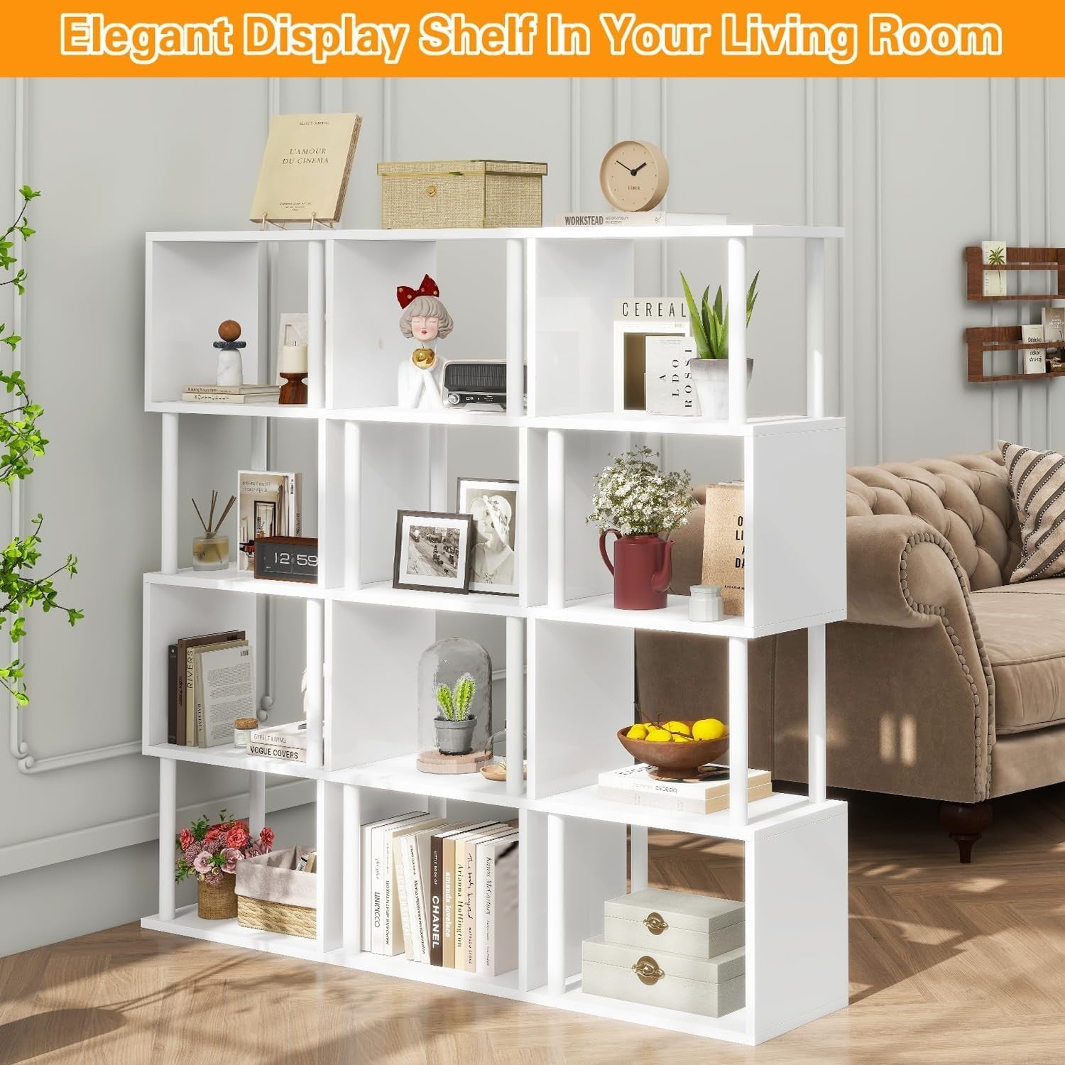 5 Tier S Shaped Bookcase White Modern Wood Display Storage Shelf 155cm