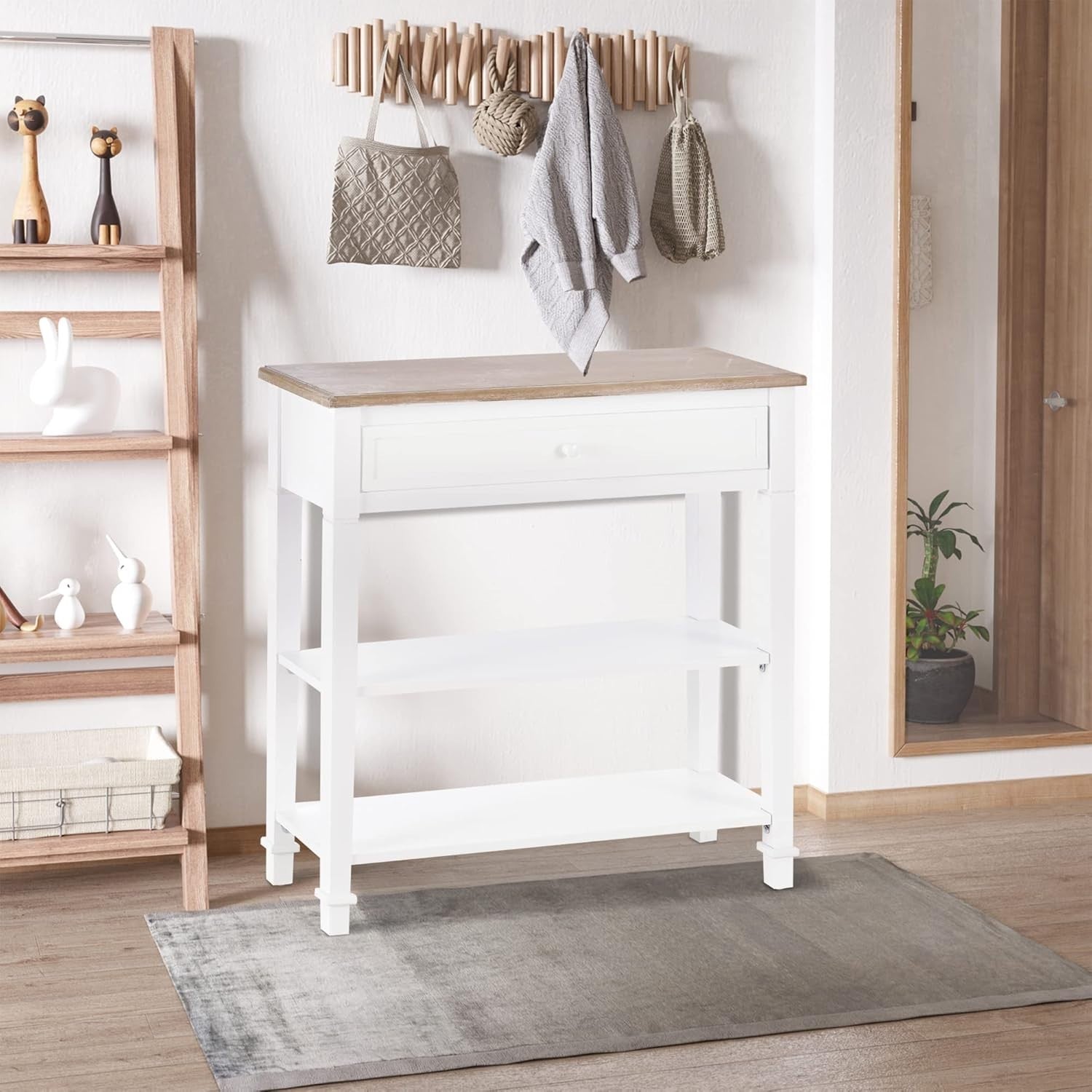 White Slim Console Table with Drawer & 2 Shelves – Hallway Entry Storage