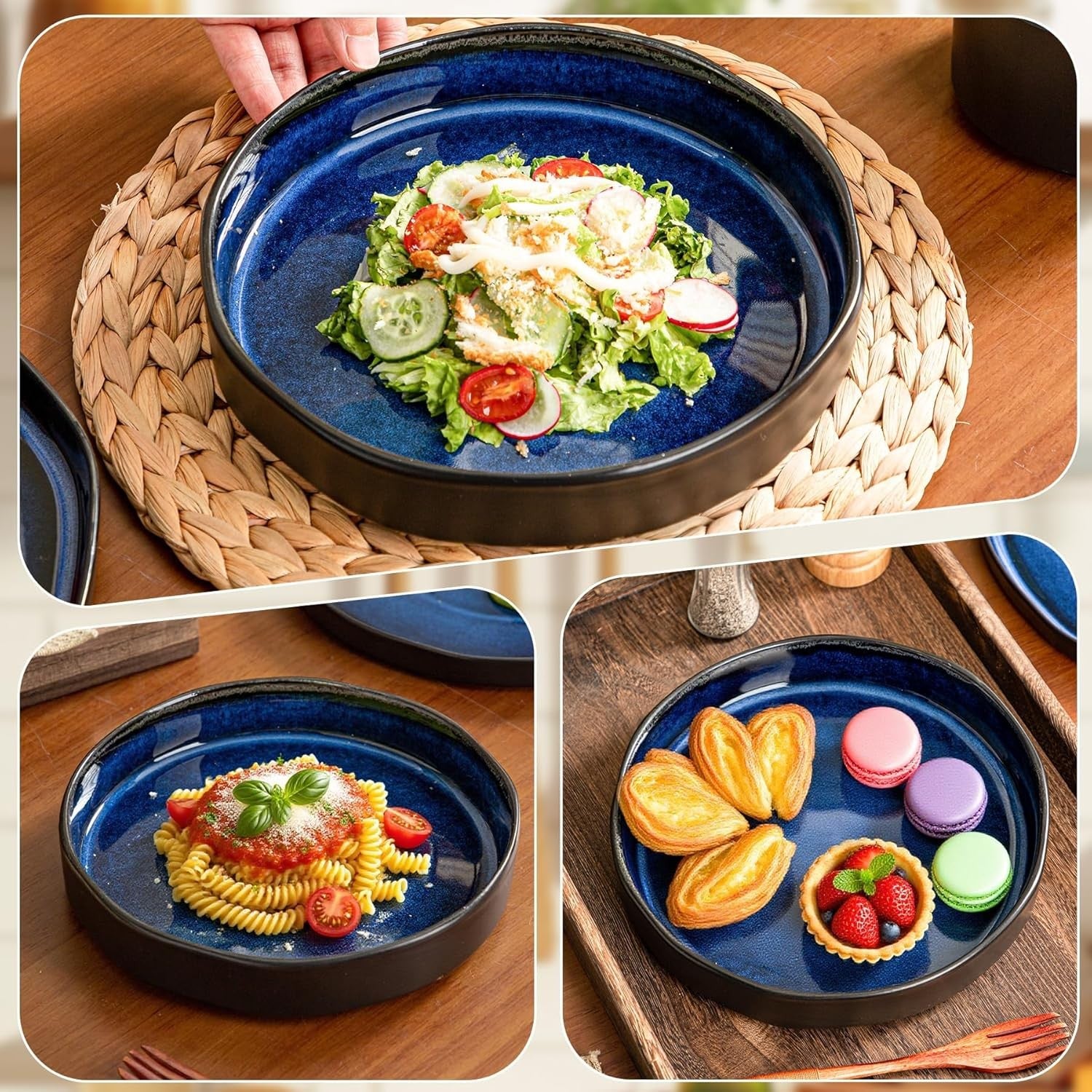 4pc Large Pasta Bowls 22cm Deep Porcelain Serving Bowls Blue Set