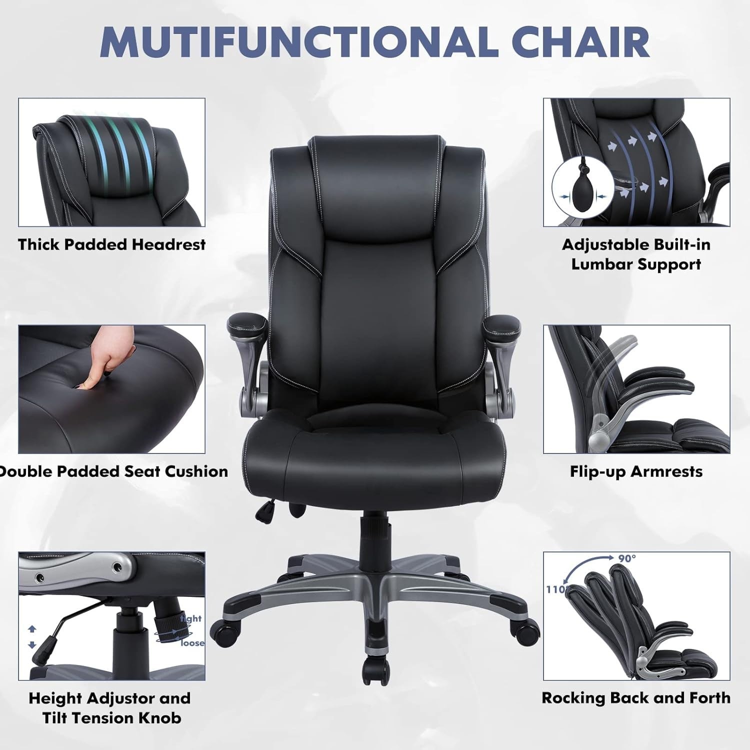 Office Chair Black Executive Desk Seat Memory Foam Lumbar Support Flip Up Arms
