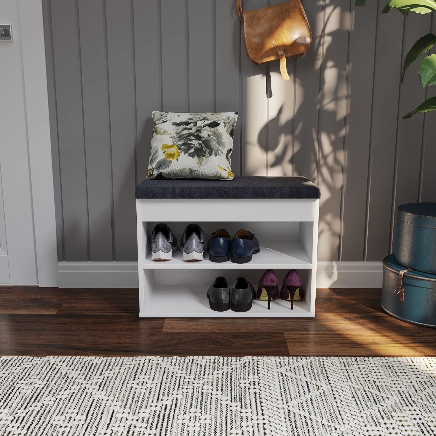 White Shoe Storage Bench with Cushion Hidden Compartment Entryway Seat