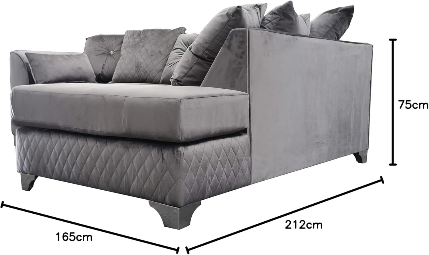 Grey Plush Velvet Corner Sofa RH L-Shape 3-4 Seater with Chrome Feet