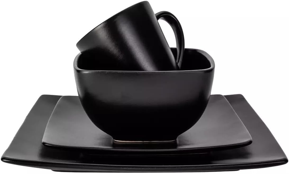 16pc Square Stoneware Dinner Set Black Plates Bowls Mugs Modern Dining