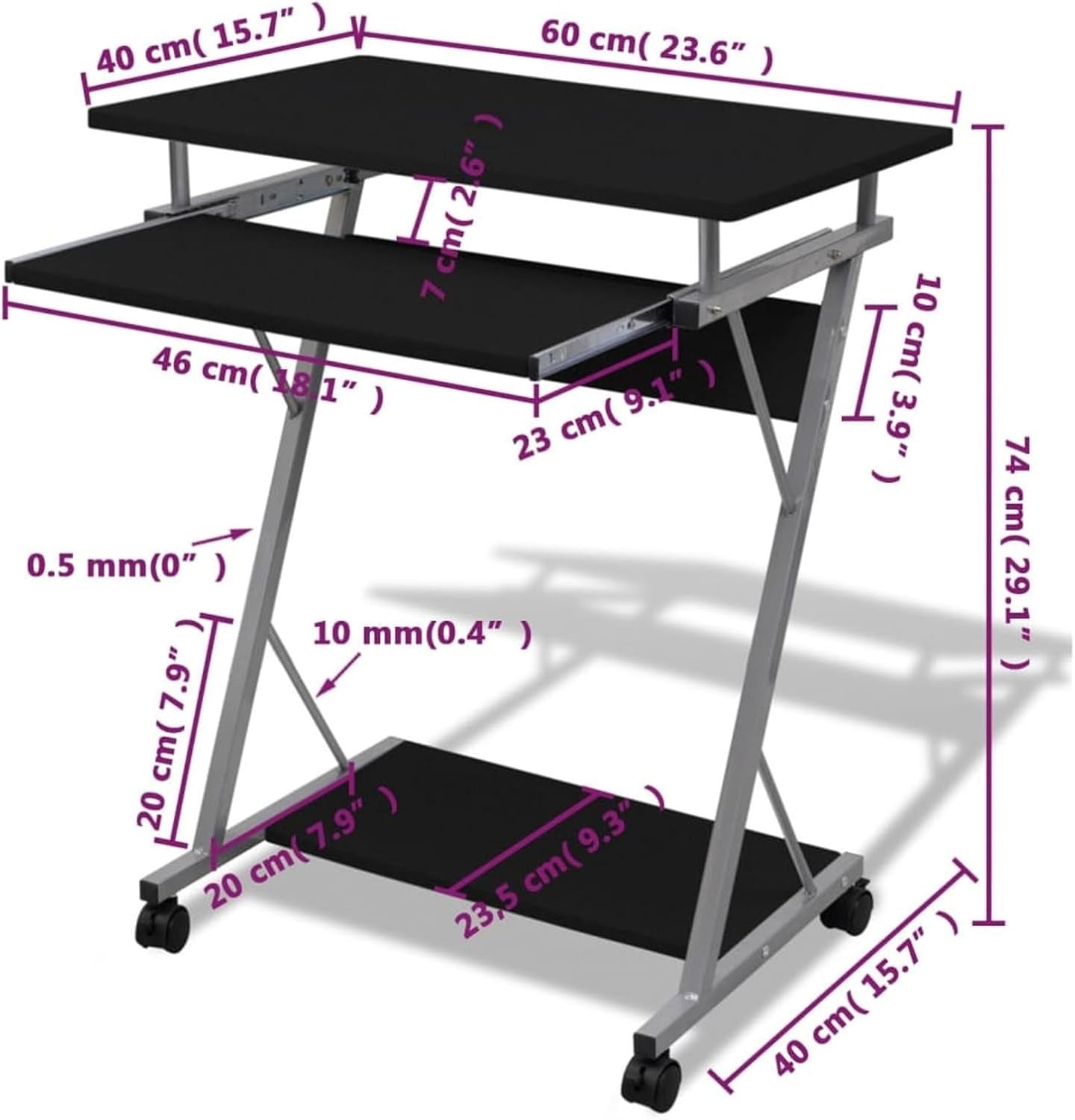 Compact Computer Desk with Wheels, Laptop & PC Work Table for Home Office Black