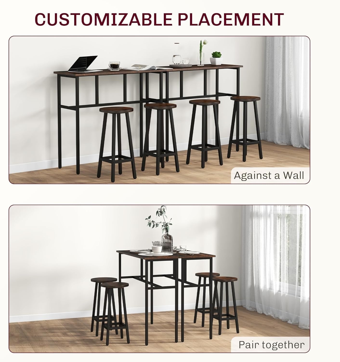 6-Piece Bar Table Set 2 High Tables & 4 Stools, Rustic Brown Space-Saving Dining