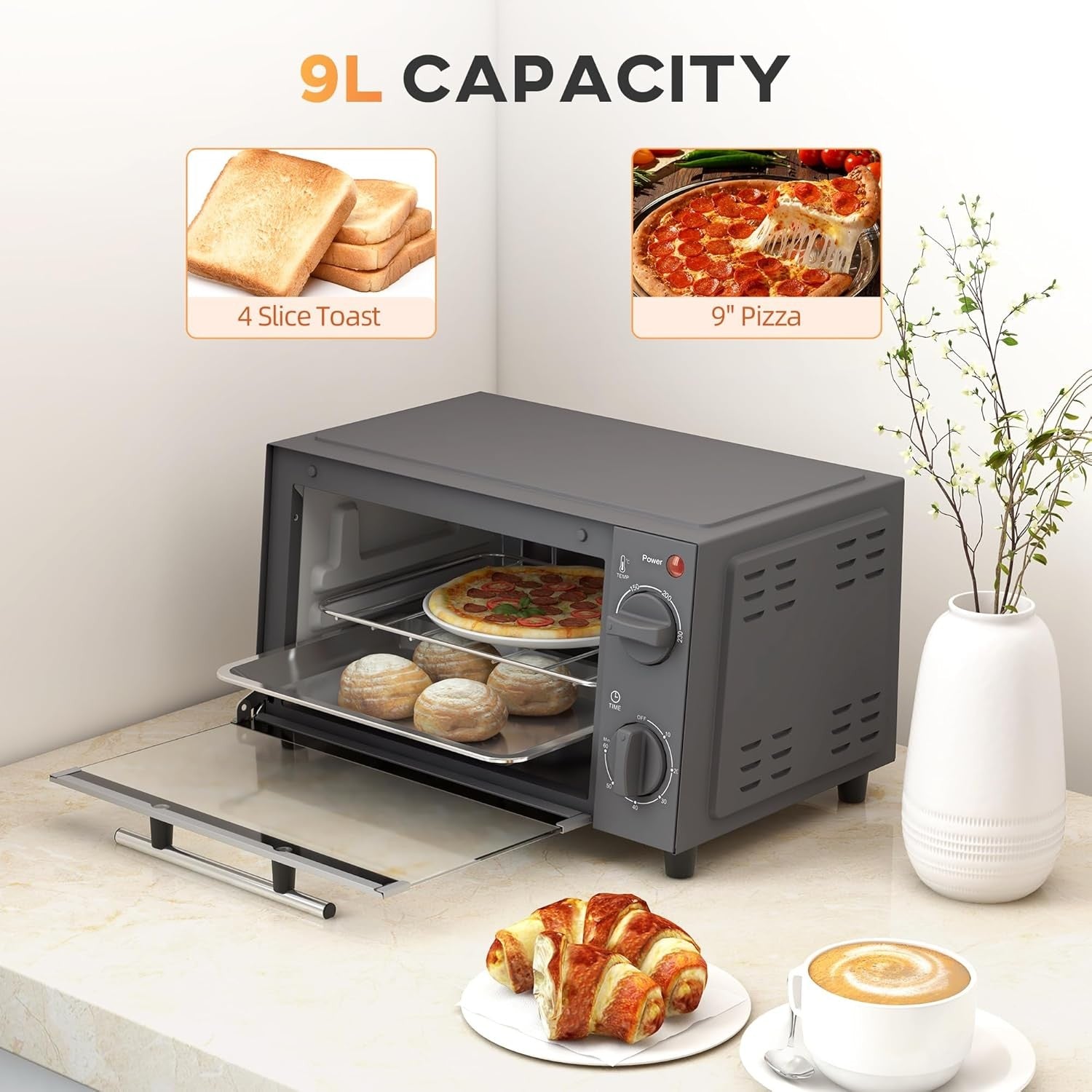 9L Mini Countertop Oven 750W Adjustable Temp Timer Grey