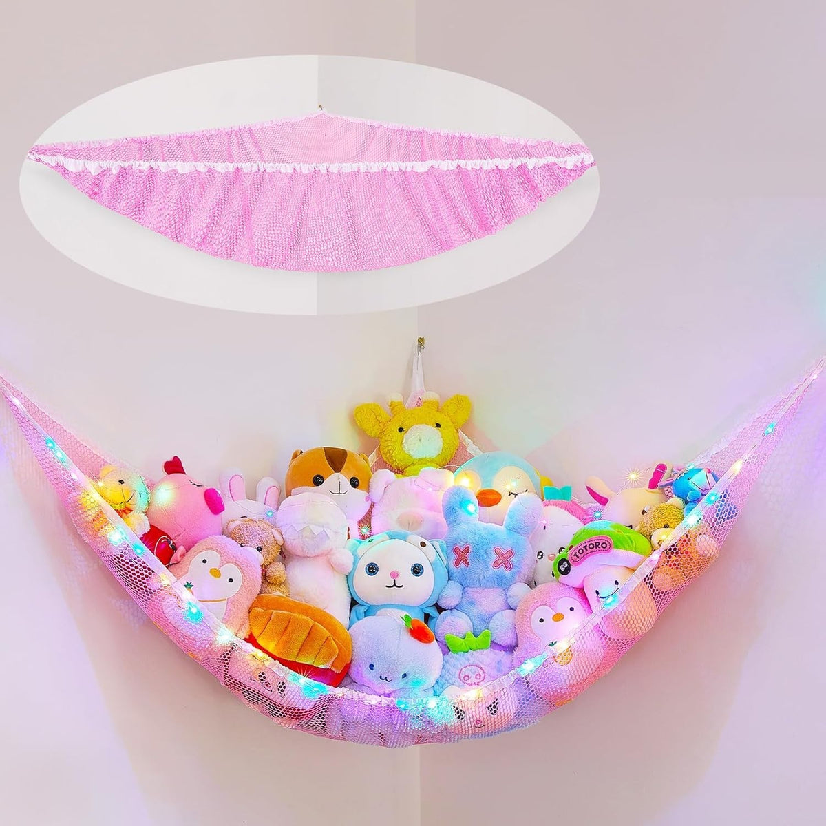 Stuffed Animal Hammock with LED Lights – Toy Storage Net for Kids Rooms