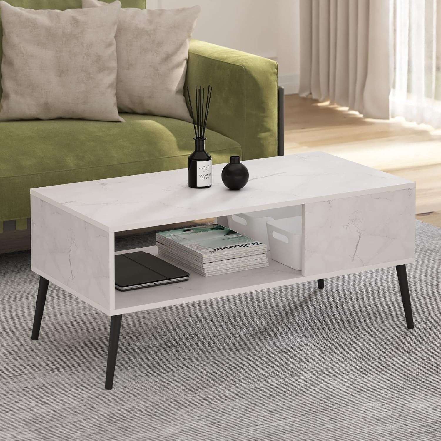 Mid Century Marble White Coffee Table with Wood Legs & Storage 100x50cm