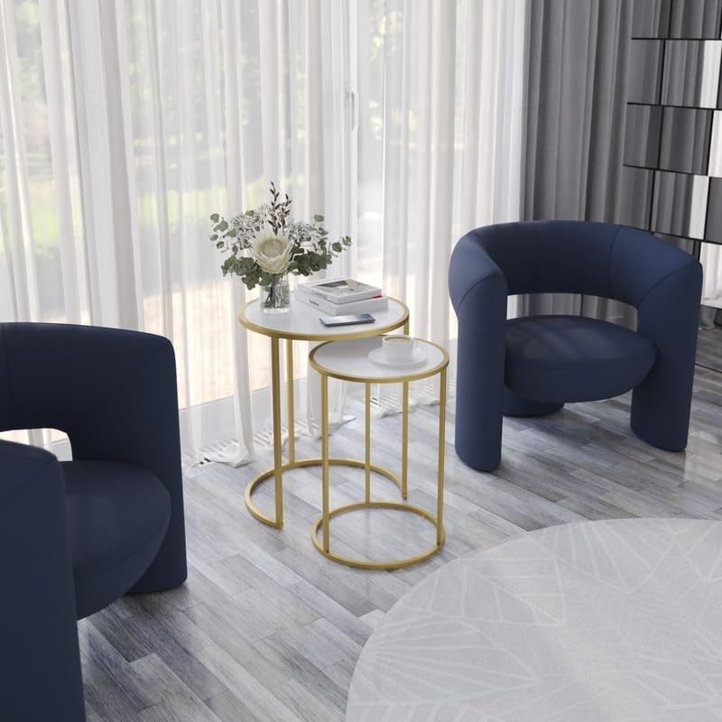 Set of 2 Round Nesting Coffee Tables Gold Legs Tempered Glass Metal Frame