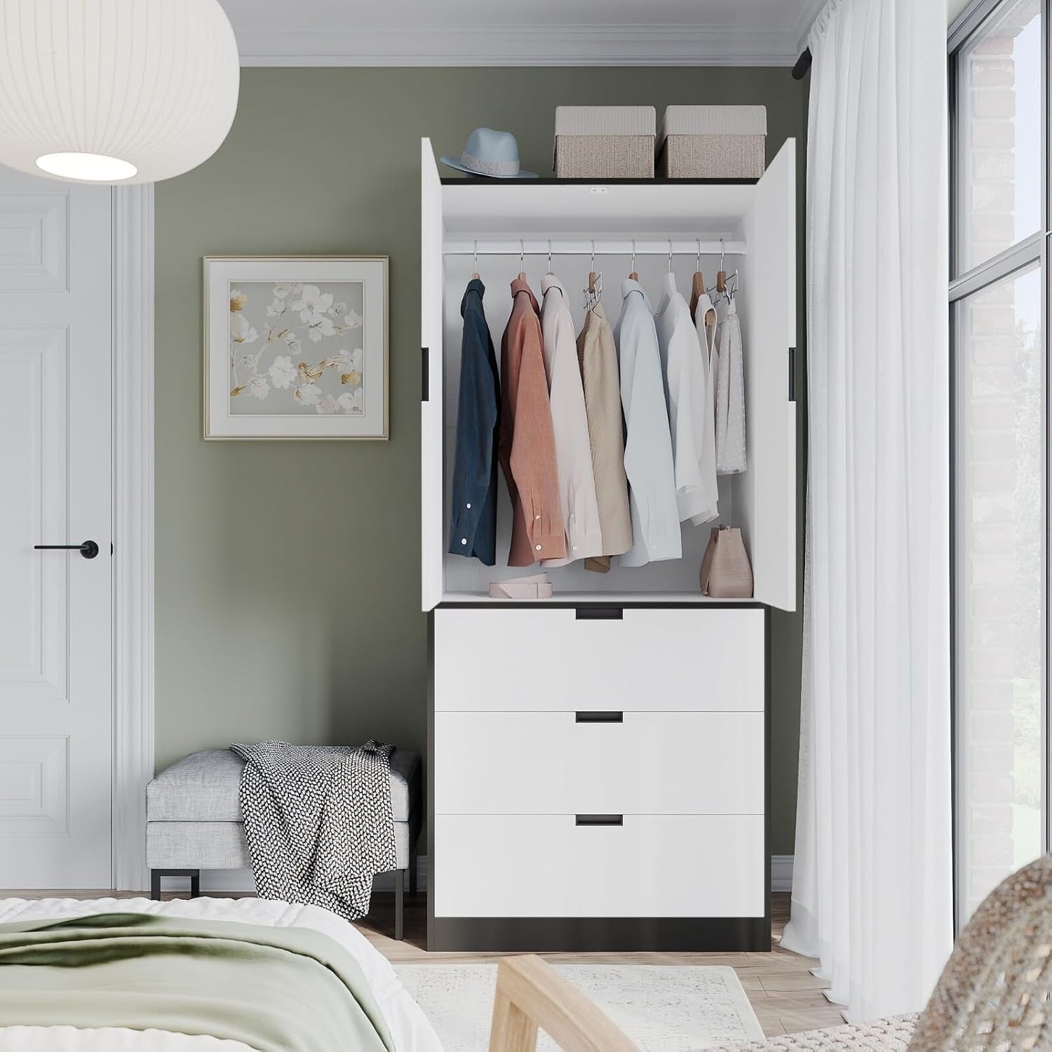 White 2 Door Wardrobe with Drawers & Hanging Rail Bedroom Storage