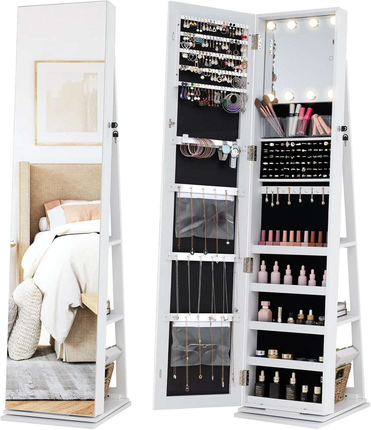 White 360° Swivel Jewelry Cabinet LED Makeup Mirror Lockable Storage
