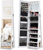 White 360° Swivel Jewelry Cabinet LED Makeup Mirror Lockable Storage