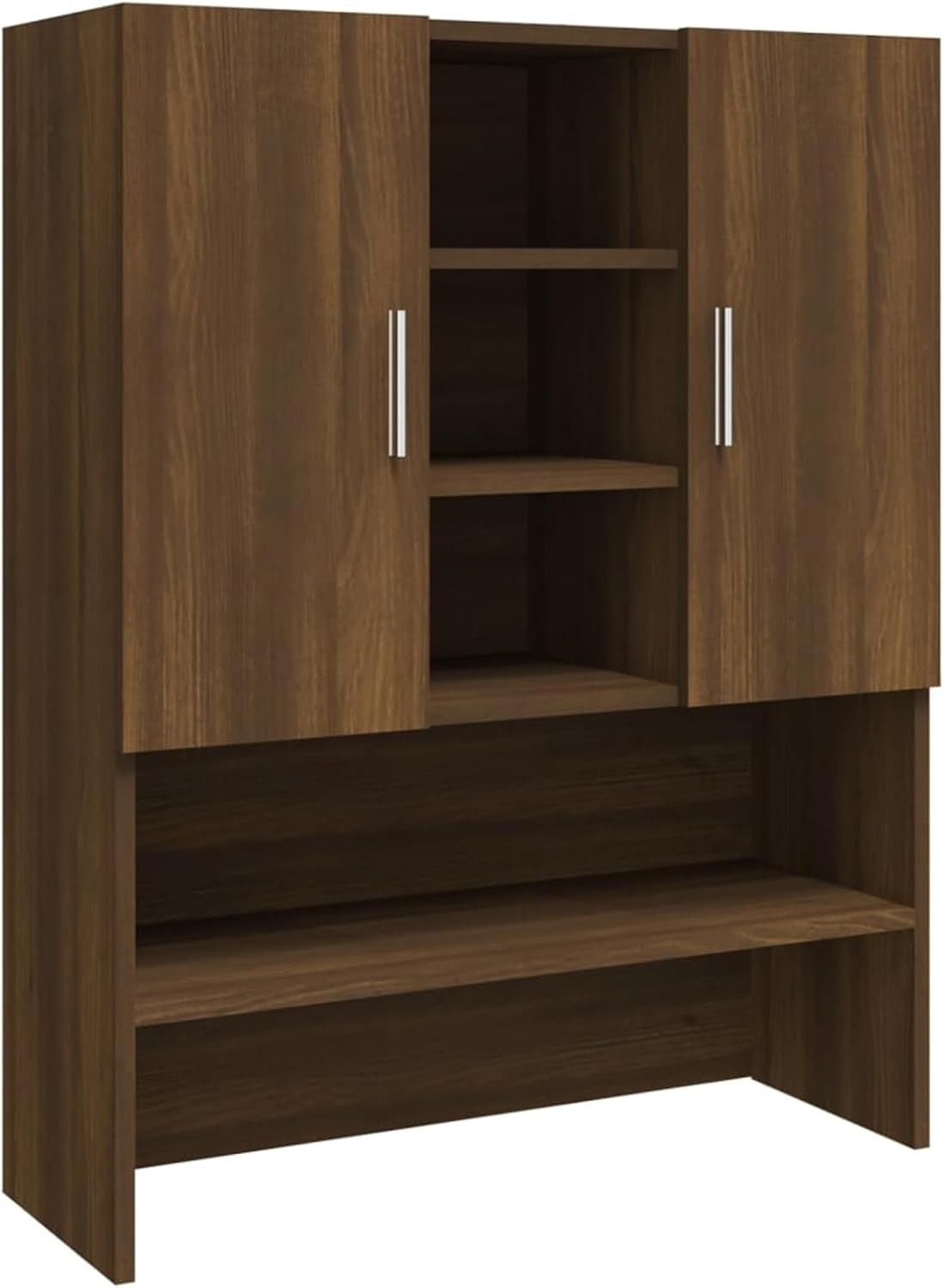 Brown Oak Washing Machine Cabinet Tall Laundry Storage Unit with Doors & Shelves