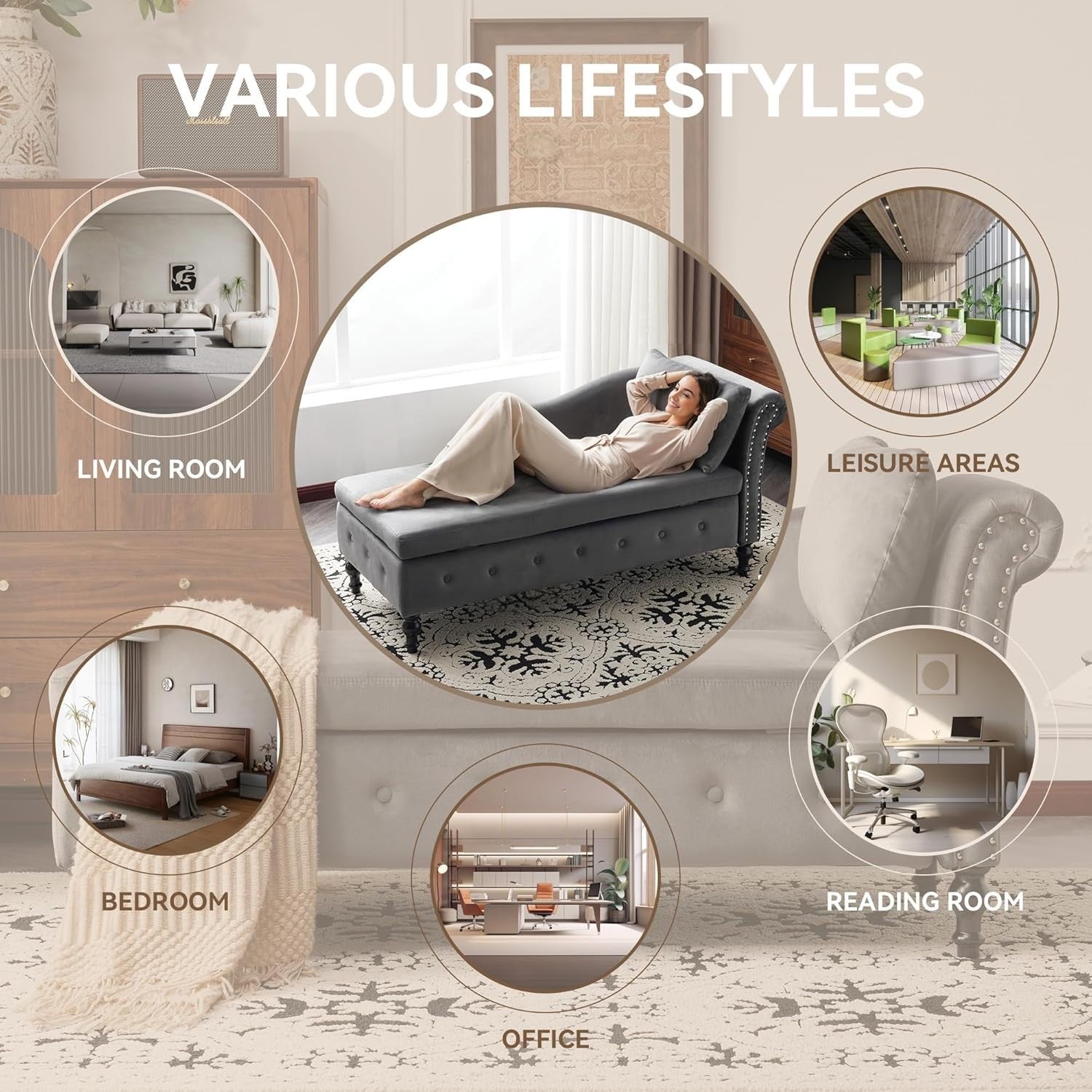 Ergonomic Chaise Lounge Sofa with Storage Velvet Upholstery Grey Beige