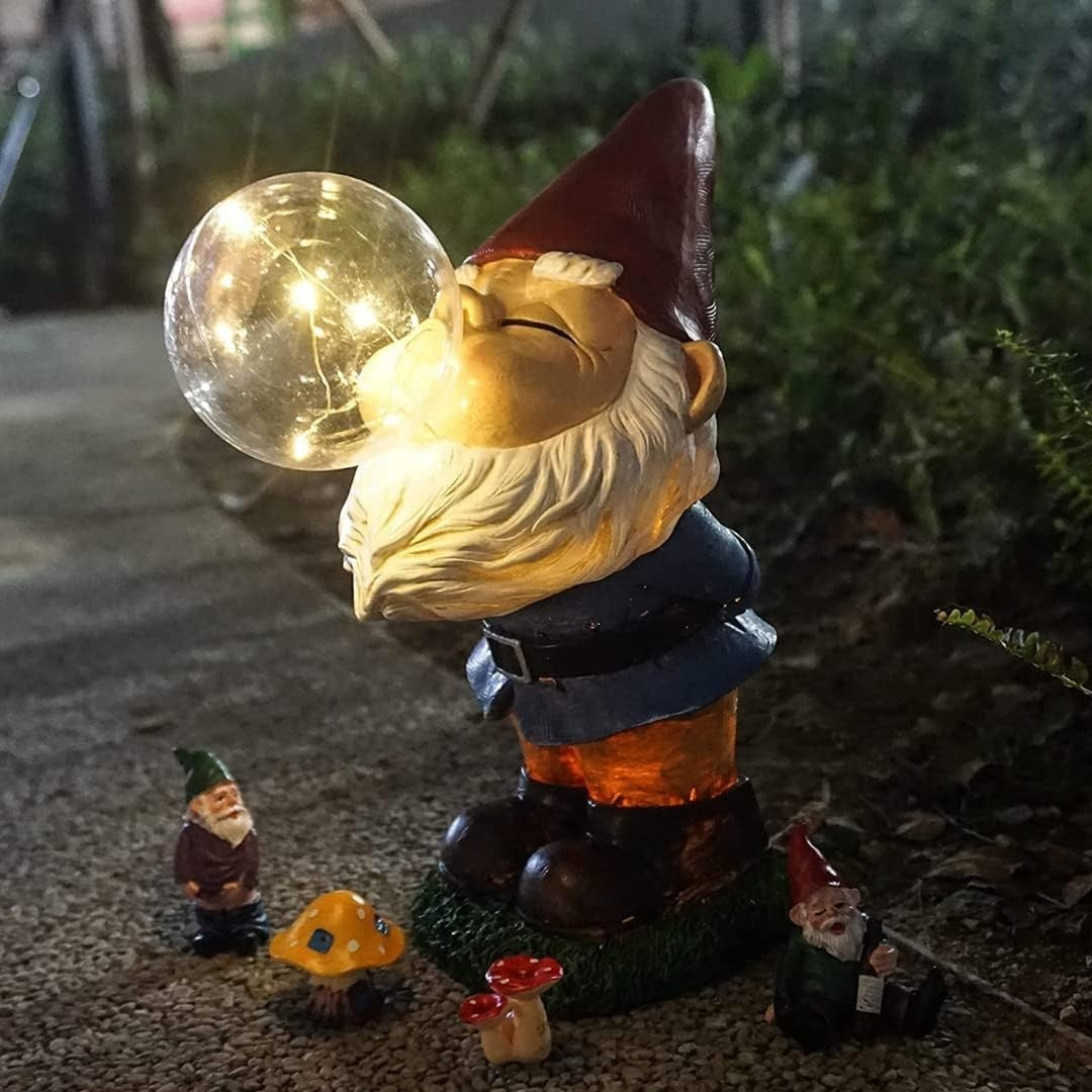 Solar Garden Gnome Bubble Blowing Statue LED Outdoor Lawn Patio Ornament 22cm