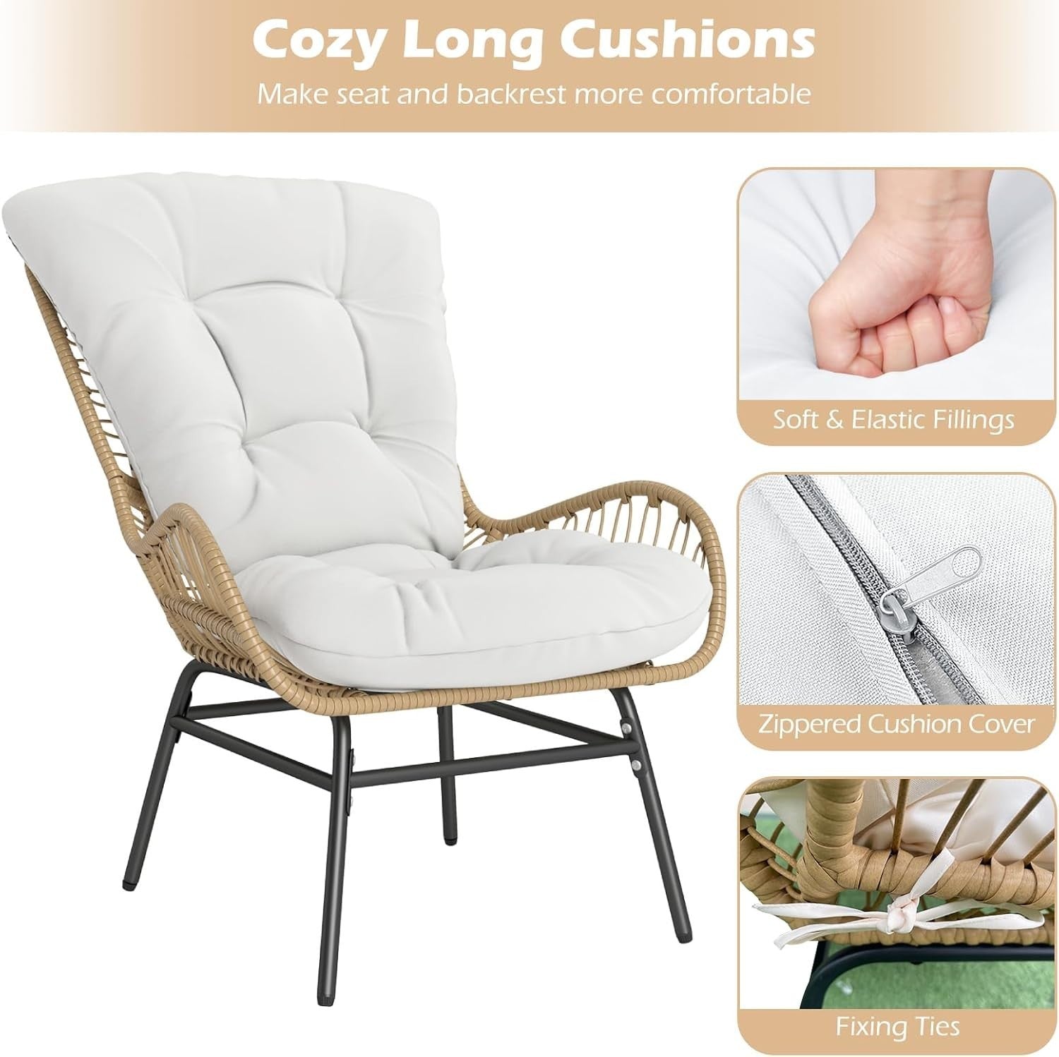 High Back Rattan Patio Armchair Cushioned Outdoor Garden Lounge Chair
