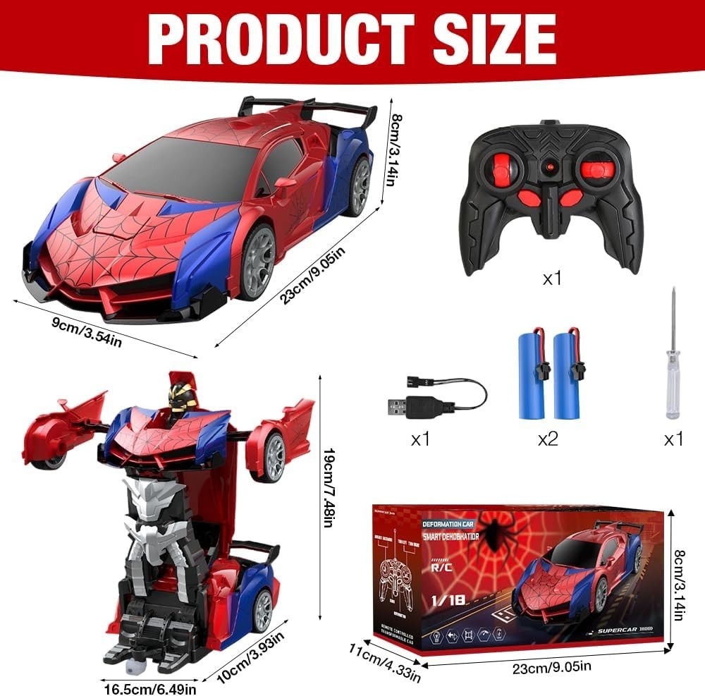 2-in-1 RC Spider Car & Robot for Kids, 1:18 Drift Toy w/ 360° Spins
