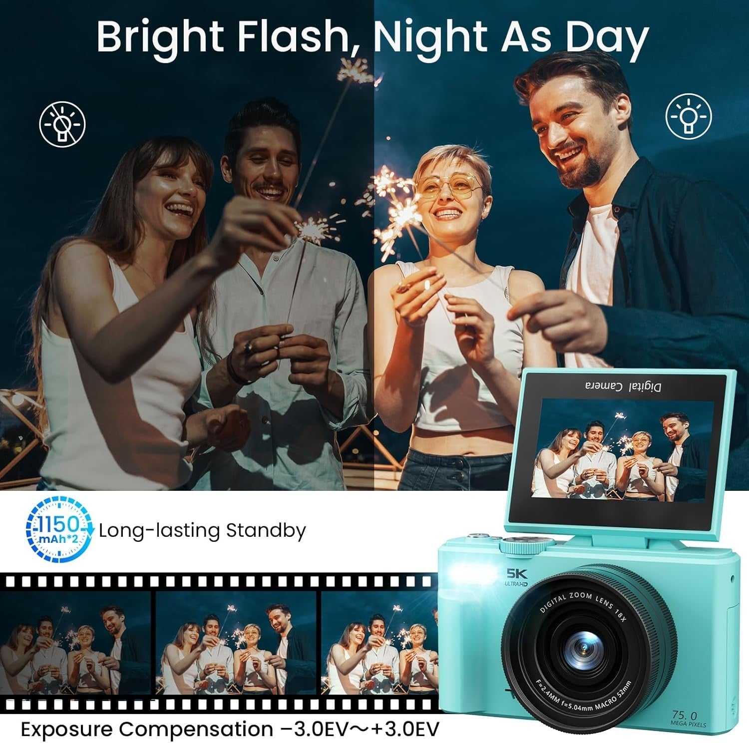 5K 75MP Digital Camera WiFi Vlogging Camera Flip Screen Blue Kit