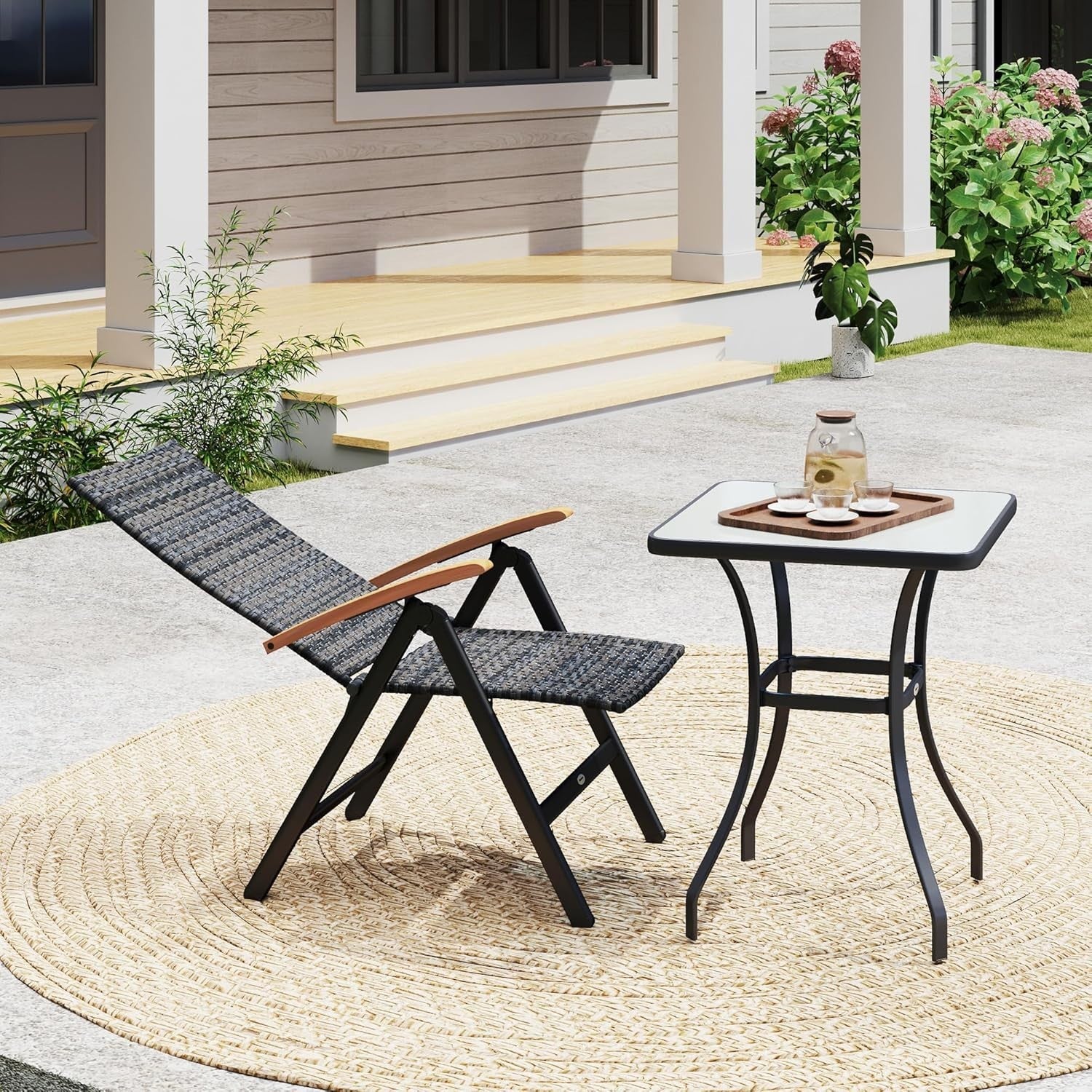 Space Saving Folding Bistro Set Rattan Chairs Round Table Balcony Garden
