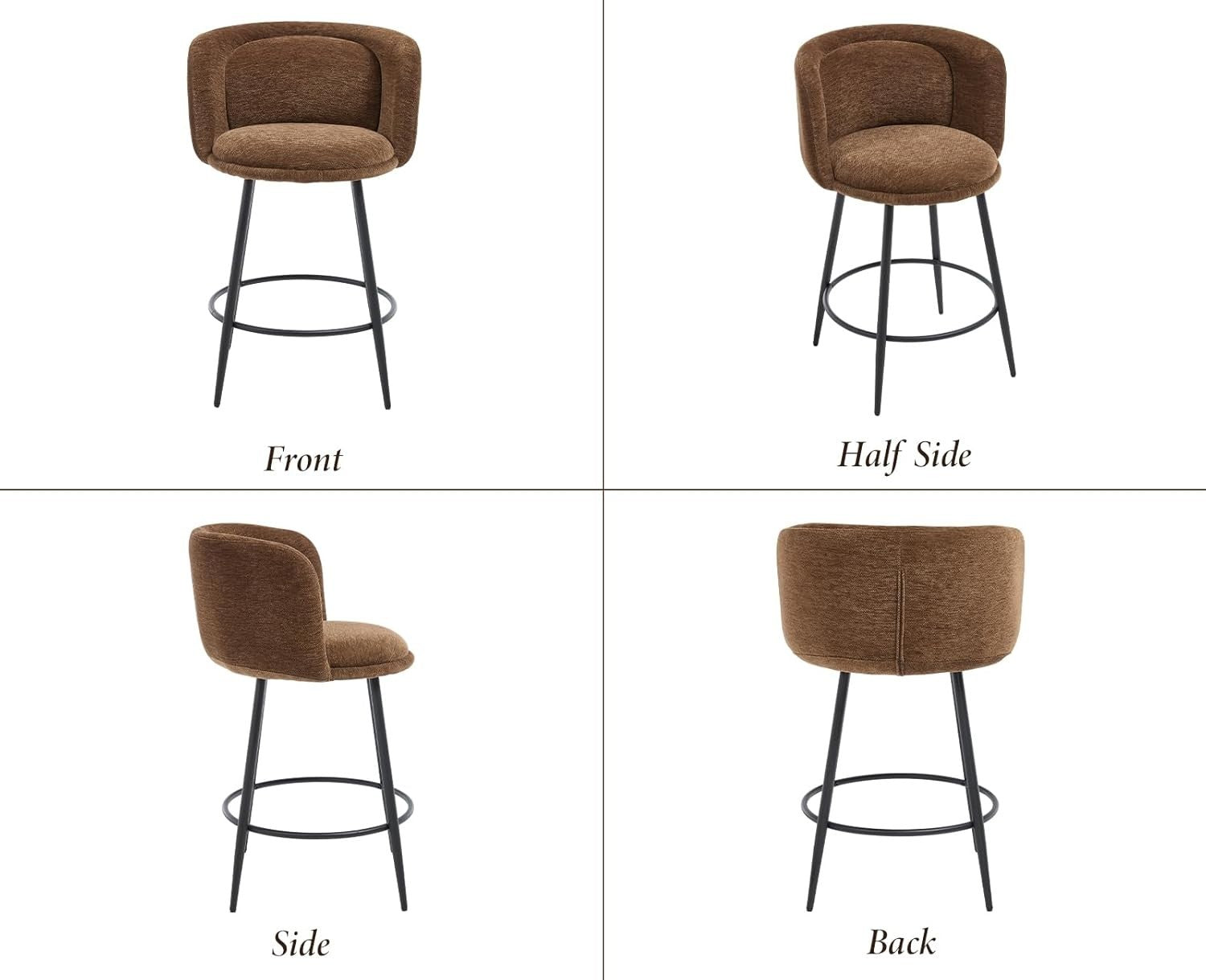 Counter Bar Stools Set of 2 | Brown Chenille L-Shaped Dining Chairs
